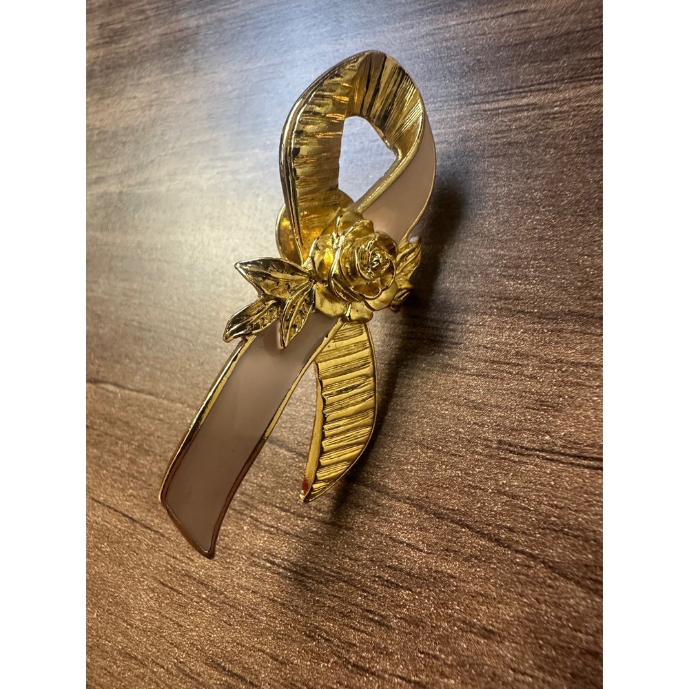 Avon Vintage Gold Tone Pink Rose Awareness Ribbon Pin Brooch Floral Accessory